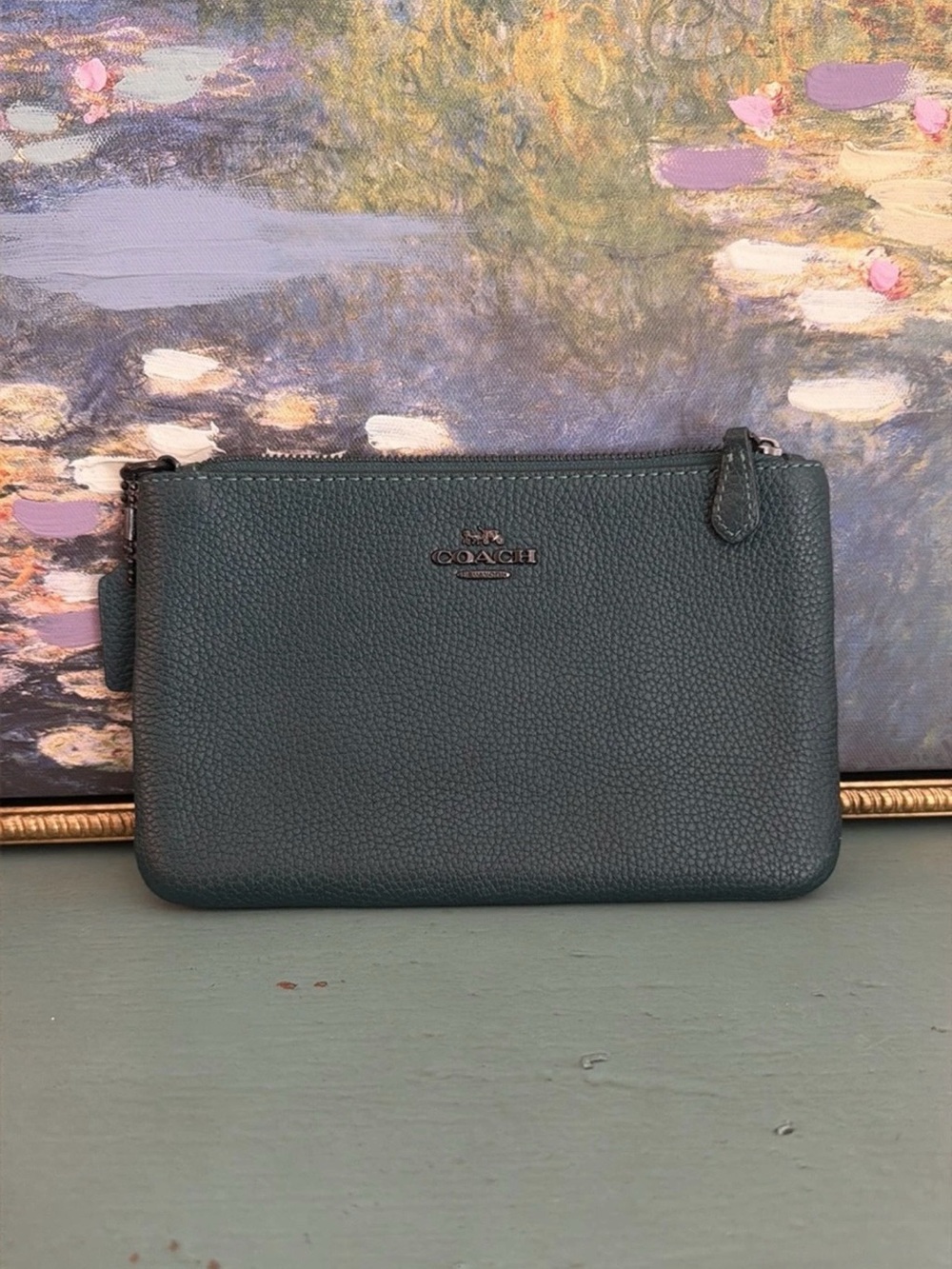COACH Pebbled Leather Double Zip Pouch in Dark Green